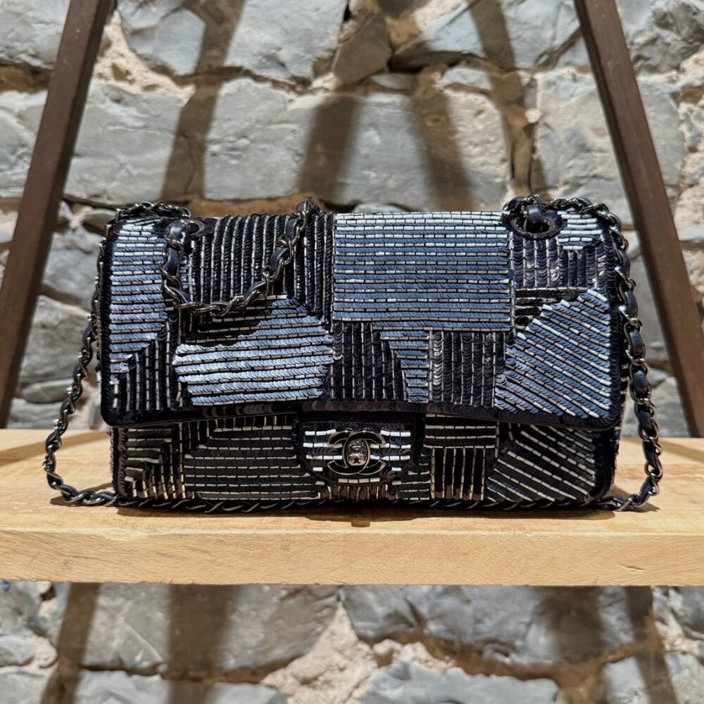 Chanel 2015-2016 Navy Blue Satin Sequin Beaded Medium Double Flap Bag